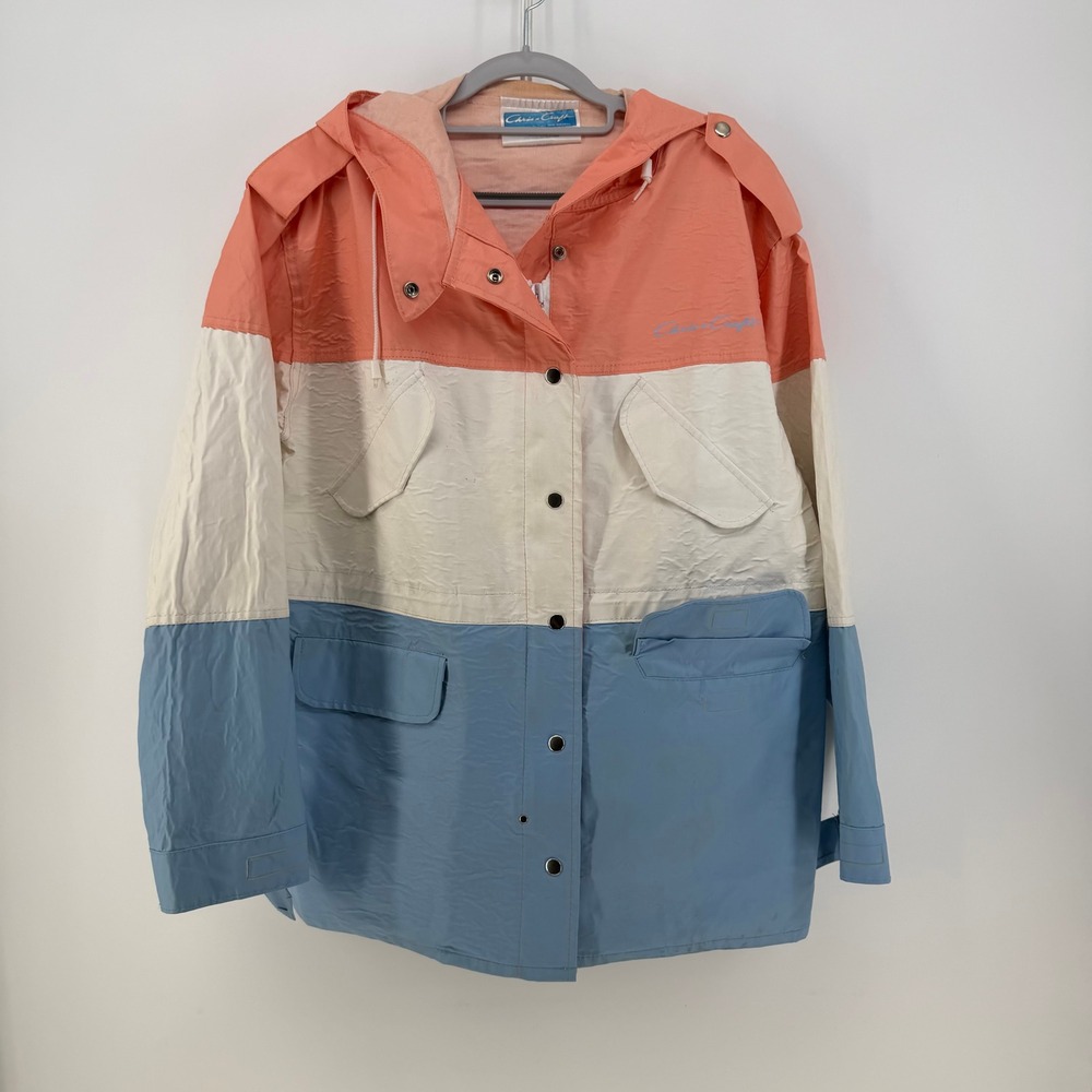 Chris-Craft Windbreaker Jacket Womens L Peach White Blue Colorblock Nautical 80s